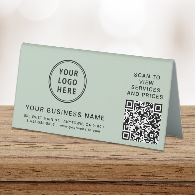 Plaque De Table Logo d'entreprise moderne QR Code Sage Green (Créateur téléchargé)