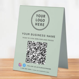 Plaque De Table Logo d'entreprise QR Code Social Media Sage Green