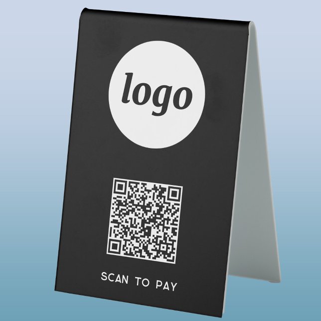 Plaque De Table Logo du code QR Analyse d'entreprise pour payer (Simple logo with QR code and custom text white on black scan to pay table tent sign for business)