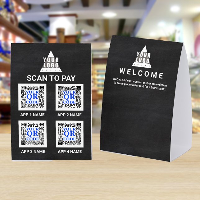 Plaque De Table Logo Tableau Noir 4x6 Code QR 4 Applications Scan  (Add up to 4 QR code images for your custom scan to pay table top signs)