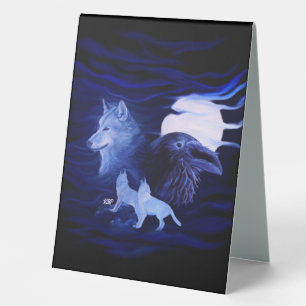 Plaque De Table Loups et corbeau avec pleine lune