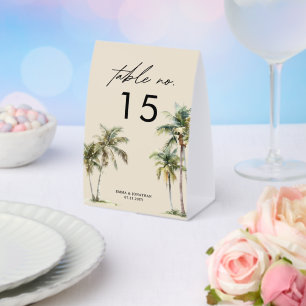 Plaque De Table Mariage à destination côtière avec palmier à l'aqu