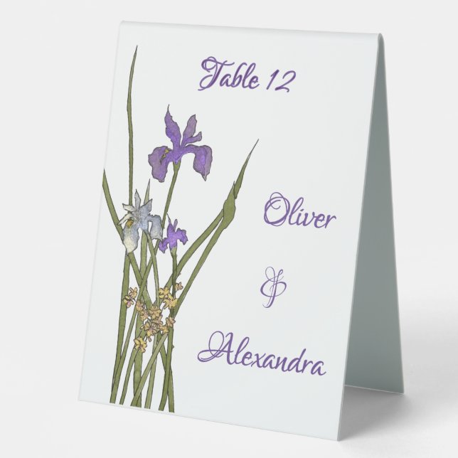 Plaque De Table Mariage d'aquarelle violet et bleu Iris (Recto)