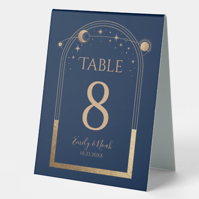 Plaque De Table Mariage élégant bleu céleste or soleil lune étoile (Recto)