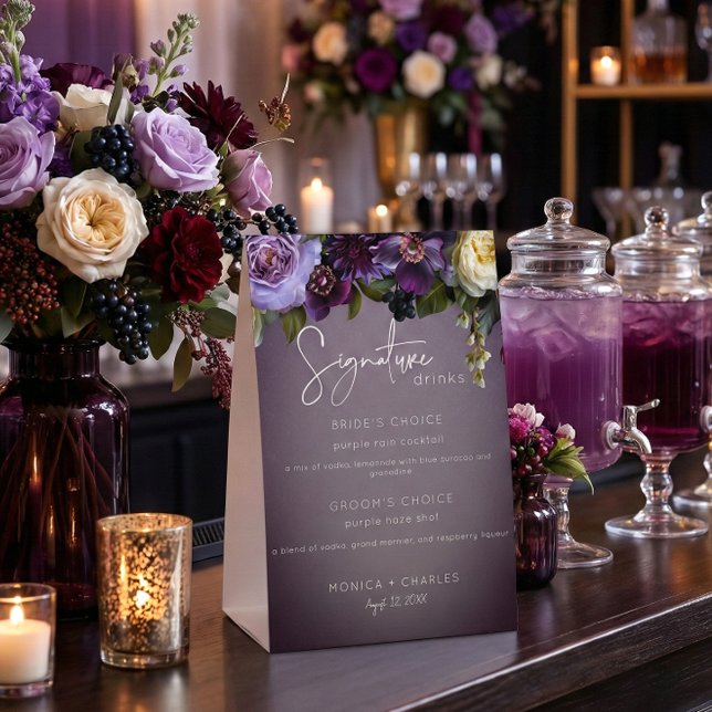 Plaque De Table Mariage Moderne Fleuris Violet et Lavande Sombres  (Dark Moody Purple & Lavender Floral Modern Wedding Paper Table Tent Sign)
