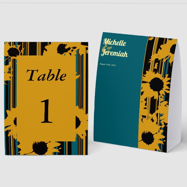 Plaque De Table Mariage Moderne Tournesol Bleu Sarcelle Or (Recto/Verso)