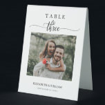 Plaque De Table Mariage photo Elegance Script Numéro de tableau Tr<br><div class="desc">Design moderne et élégant imprimé Élégance Script Mariage photo moderne Numéro de table Trois tentes de table Signal qui peut être customisé avec votre texte et ajouter chaque carte de numéro de table à votre panier, un par un. Cliquez sur le bouton "Customiser" et utilisez notre outil de conception pour...</div>