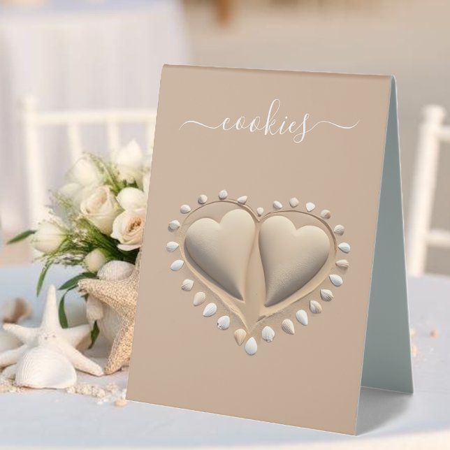 Plaque De Table Mariage plage Coeurs de sable-Cookies (Beach Wedding Sand Hearts-Cookies Table Tent Sign)