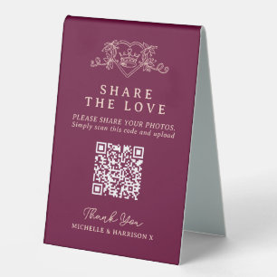 Plaque De Table Mariage QR partage photo amour coeur couronne vin 