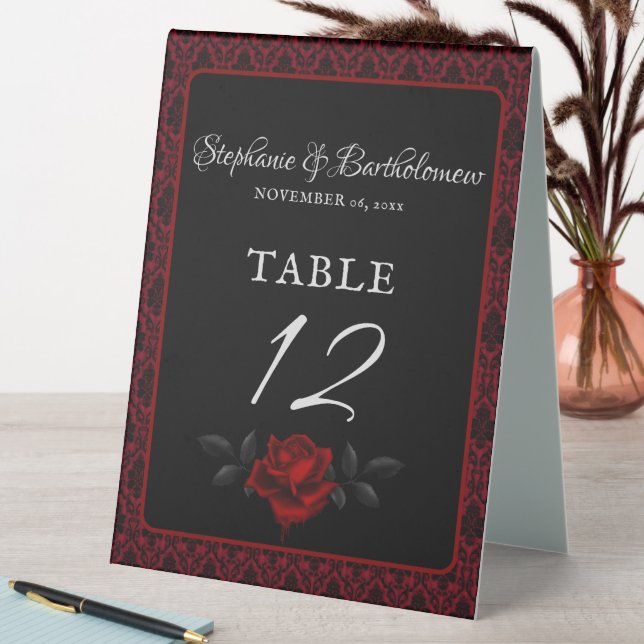 Plaque De Table Mariage Rose Rouge Damassée Gothique (En SItu (Tableau))
