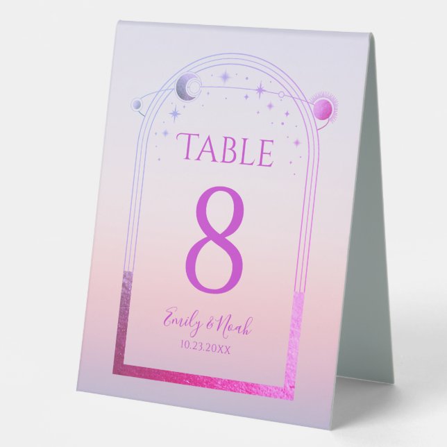 Plaque De Table Mariage Rose Soleil Lune Étoiles Coucher Céleste (Recto)