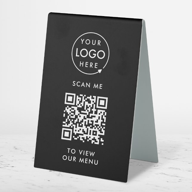 Plaque De Table Menu Code QR | Logo noir sans contact moderne (Branded interactive QR code menu table signs for restaurants, bars, cafes & hospitality events!)