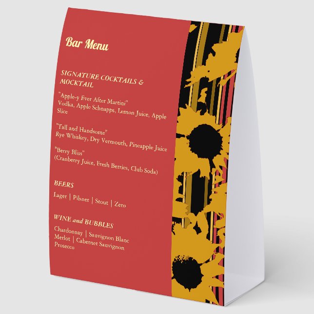 Plaque De Table Menu de bar de mariage Été Or Rouge Tournesol (Arrière)