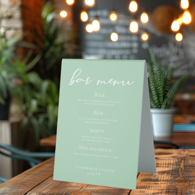 Plaque De Table Menu de la barre de Mariage blanche de Menthe vert (Créateur téléchargé)