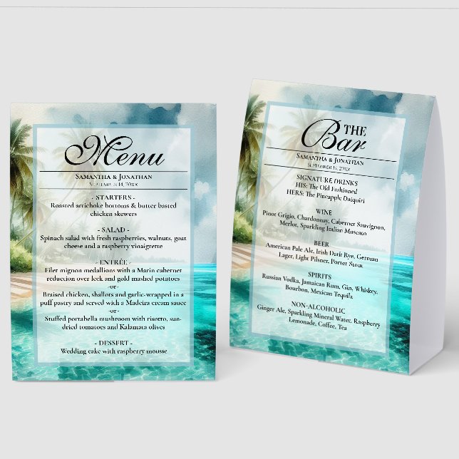Plaque De Table Menu de mariage et bar à l'aquarelle de plage trop (Recto/Verso)
