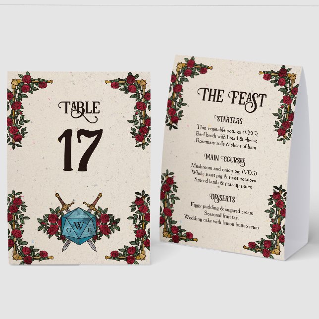 Plaque De Table Menu de mariage et numéro de table D20 Monogram Ro (Recto/Verso)