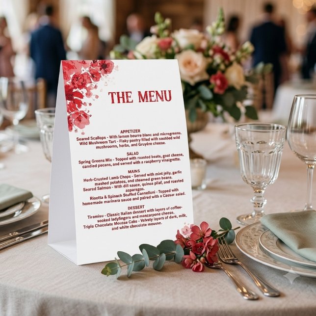 Plaque De Table Menu floral rouge romantique , Menu de mariage  (Créateur téléchargé)