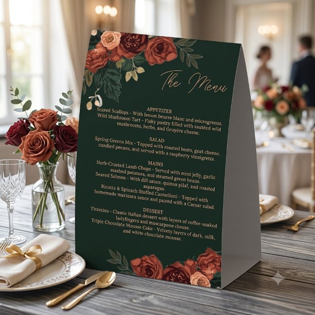 Plaque De Table Menu floral vert foncé romantique ,Menu de mariage (Créateur téléchargé)