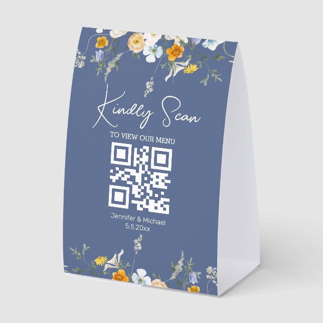 Plaque De Table menu mariage à code qr floral simple bleu nova (Recto)