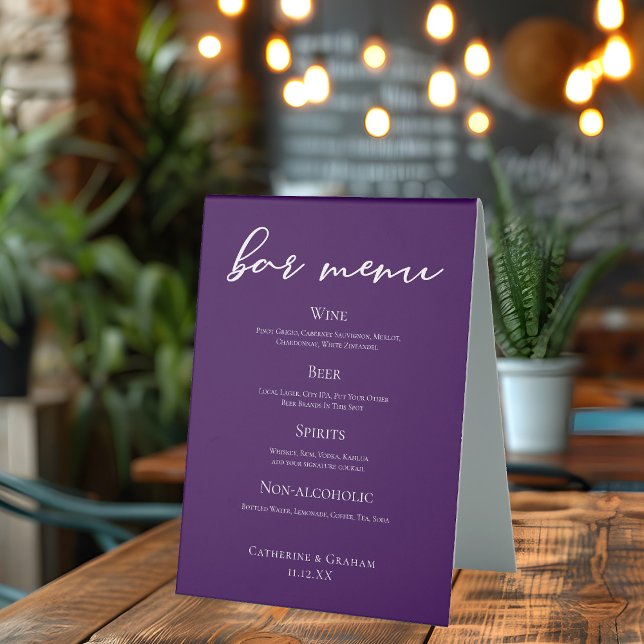 Plaque De Table Menu Royal Purple White Mariage Bar (Créateur téléchargé)