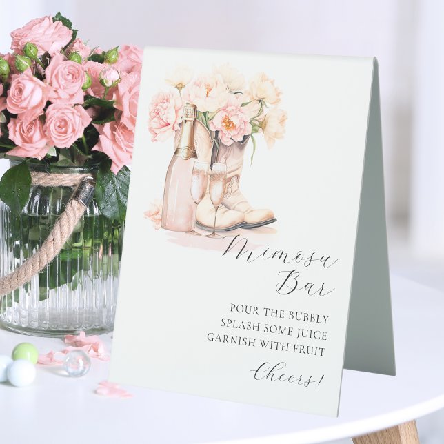 Plaque De Table MIMOSA BAR Bottes de cowgirl Fête des mariées Cham (MIMOSA BAR Cowgirl Boots Champagne Bridal Shower Table Tent Sign)