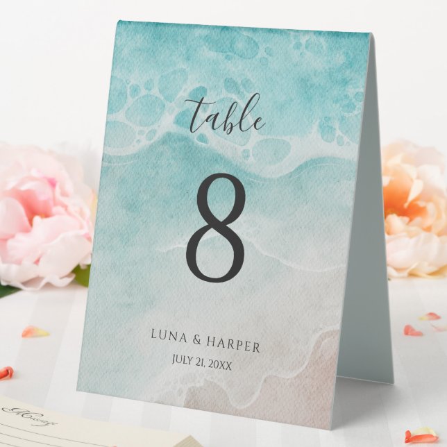 Plaque De Table Modern Ocean Tide Watercolor Beach Wedding (In SItu (Mariage))