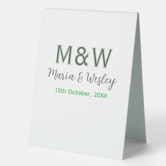 Plaque De Table Monogramme couple gris vert moderne date romantiqu (Recto)