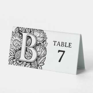 Plaque De Table Monogramme floral noir et blanc B Evénement modifi