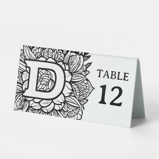 Plaque De Table Monogramme floral noir et blanc, événement éditabl (Recto)