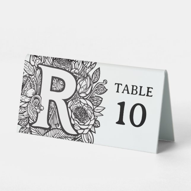 Plaque De Table Monogramme floral noir et blanc R Evénement modifi (Recto)