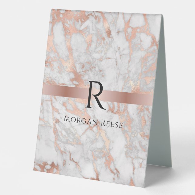 Plaque De Table Monogramme noir et nom, marbre blanc et or rose (Recto)