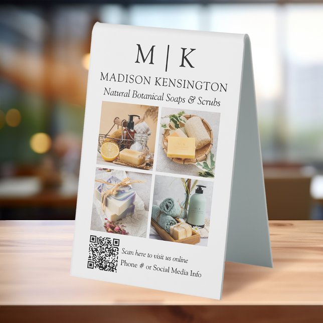 Plaque De Table Monogramme ou ajouter un logo Business QR Code 4 P (Edit to Customize text, colors and more.)