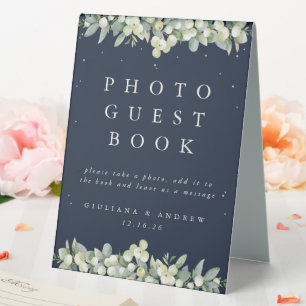 Plaque De Table Navy Snowberry+Eucalyptus Mariage Photo GuestBook