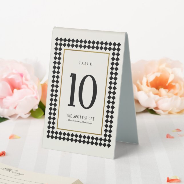 Plaque De Table Noir et Or sur damier ivoire Jazz Border (In SItu (Mariage))