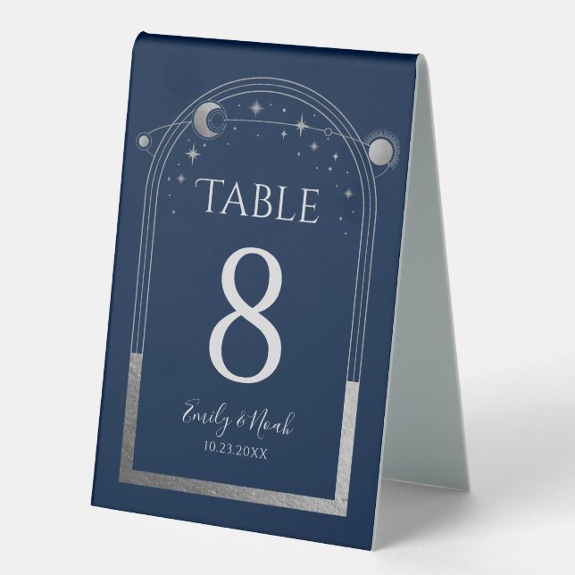 Plaque De Table Nuit étoilée argentée bleu céleste Mariage élégant (Recto)