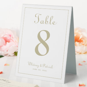 Plaque De Table Numéro de table de mariage élégant blanc et or dîn