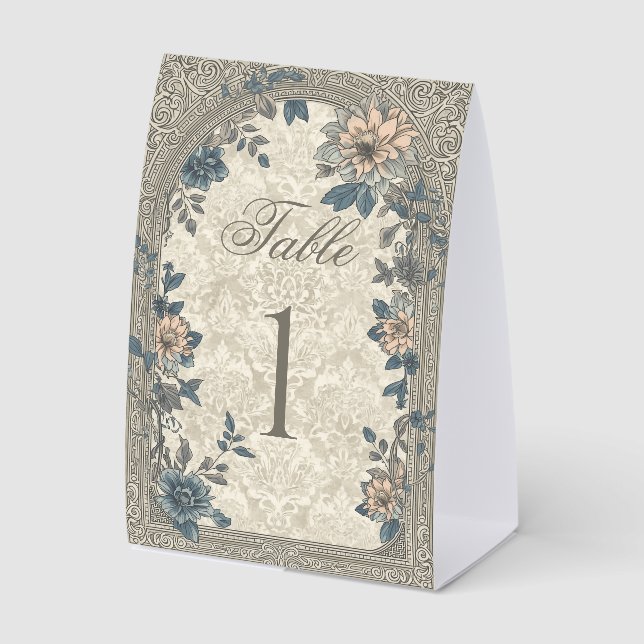 Plaque De Table Numéro de table de mariage floral or bleu élégant (Recto)