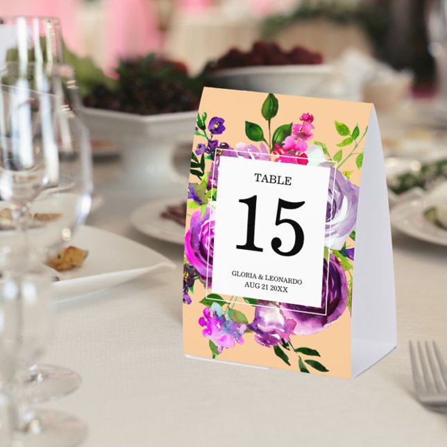 Plaque De Table Numéro de table de mariage floral pourpre romantiq (Créateur téléchargé)