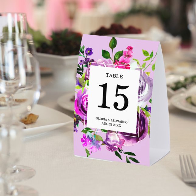 Plaque De Table Numéro de table de mariage floral pourpre romantiq (Créateur téléchargé)