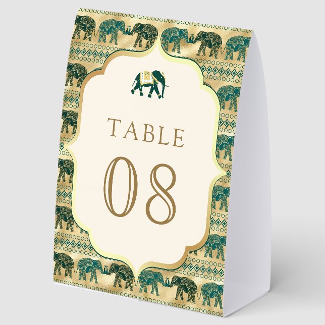 Plaque De Table Numéro de table de mariage indien éléphant émeraud (Recto)