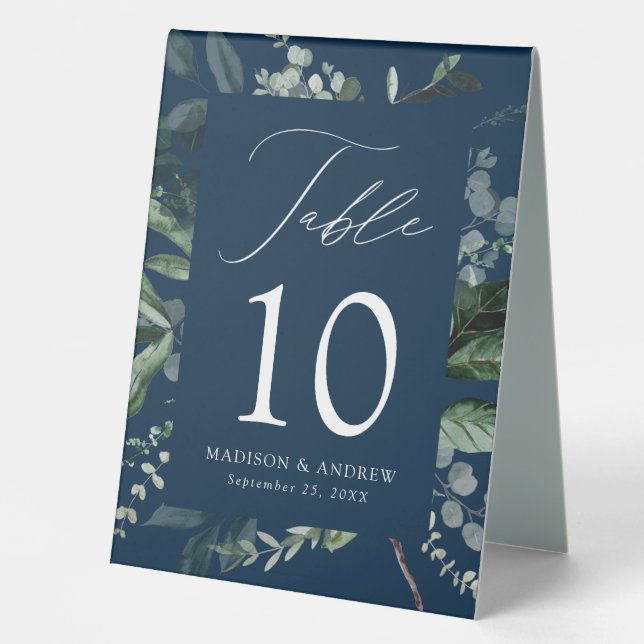 Plaque De Table Numéro de table de mariage Navy à verdure abondant (Recto)