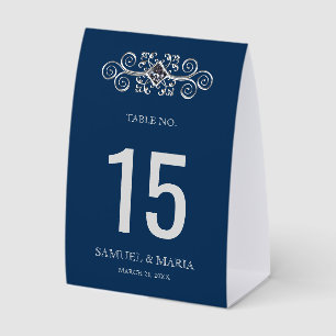 Plaque De Table Numéro de table de mariage Navy Blue Silver Flouri