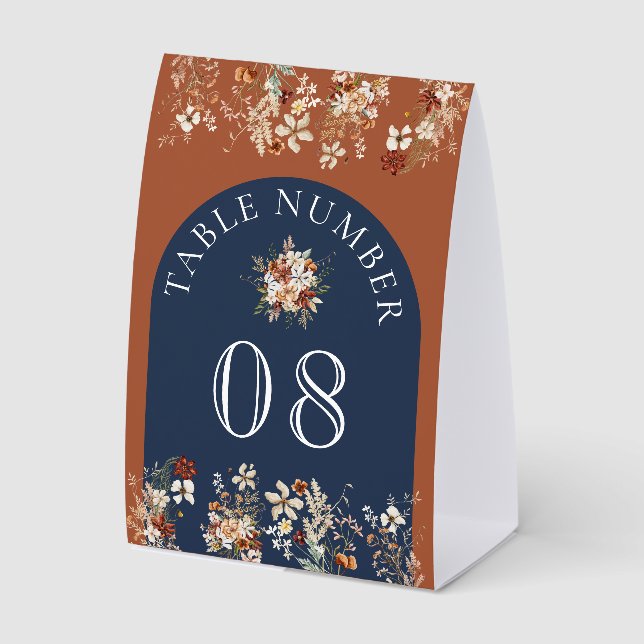 Plaque De Table Numéro de table de mariage Navy Fleur sauvage en t (Recto)