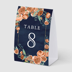 Plaque De Table Numéro de table de mariage Navy Floral Rose Orange
