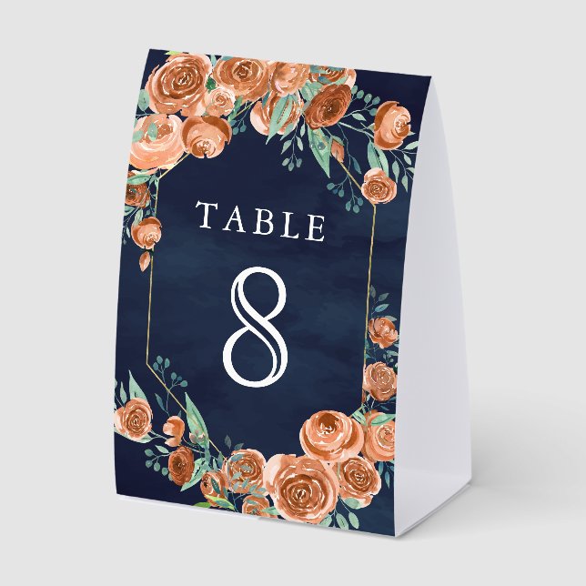 Plaque De Table Numéro de table de mariage Navy Floral Rose Orange (Recto)