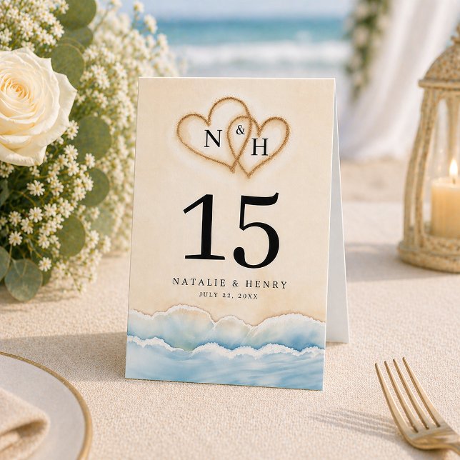 Plaque De Table Numéro de table de mariage sur la plage avec motif (Table Number)