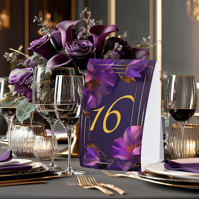 Plaque De Table Numéro de table de mariage violet violettes lumine (Stylish Violet Purple Table Number Tent )