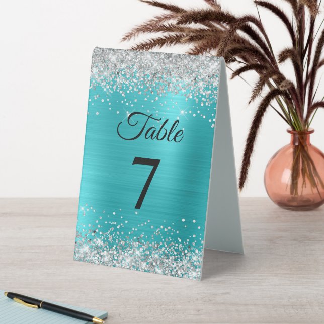 Plaque De Table Numéro de table en paillettes argentées turquoise  (En SItu (Tableau))