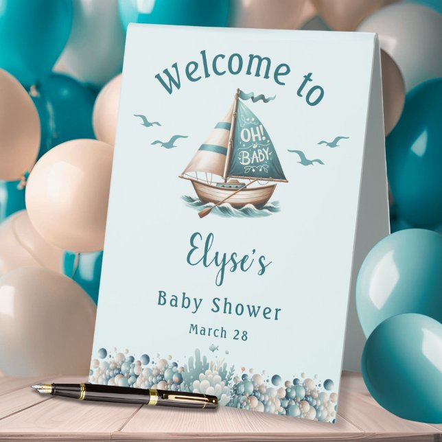 Plaque De Table "Oh, bébé" Baby shower nautique Affiche de bienven ("Oh, Baby" Nautical Shower Tent Welcome Sign)