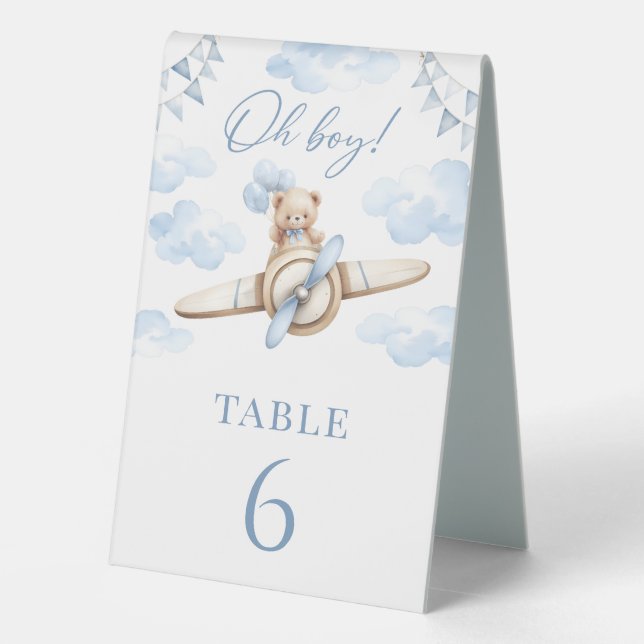 Plaque De Table Oh Boy Teddy Bear on Blue Airplane Baby Shower (Verso)